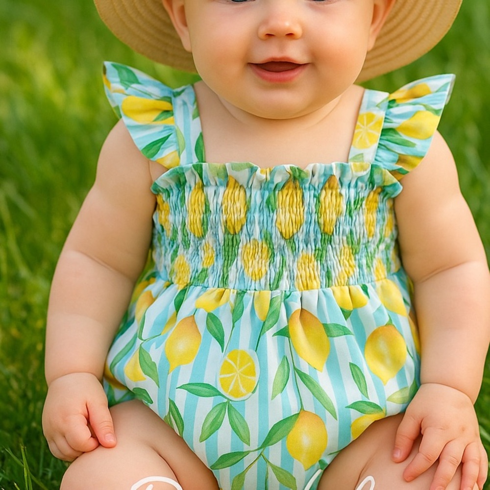 Lemon Print Baby Girl Romper 9-12 Months NWT Smocked Ruffle Summer Outfit